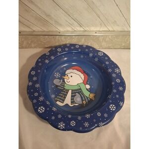 Vintage Snowman Snowflake Winter Serving Bowl Navy Blue Holiday